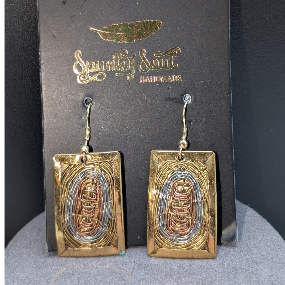 Spunky Soul Artisan Hand Made Three Tone Metal Dangle 1.75" Earrings NWT